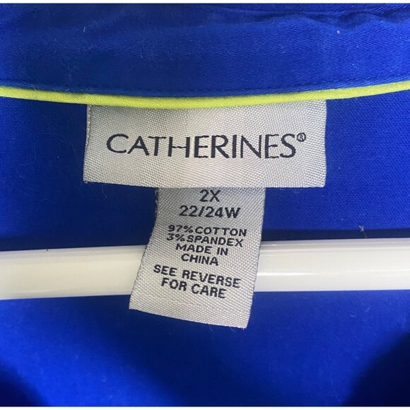 Catherens Button Down Tunic Top Womens 2x Royal Blue Roll Tab Sleeve 22/24W Stre - Picture 2 of 11